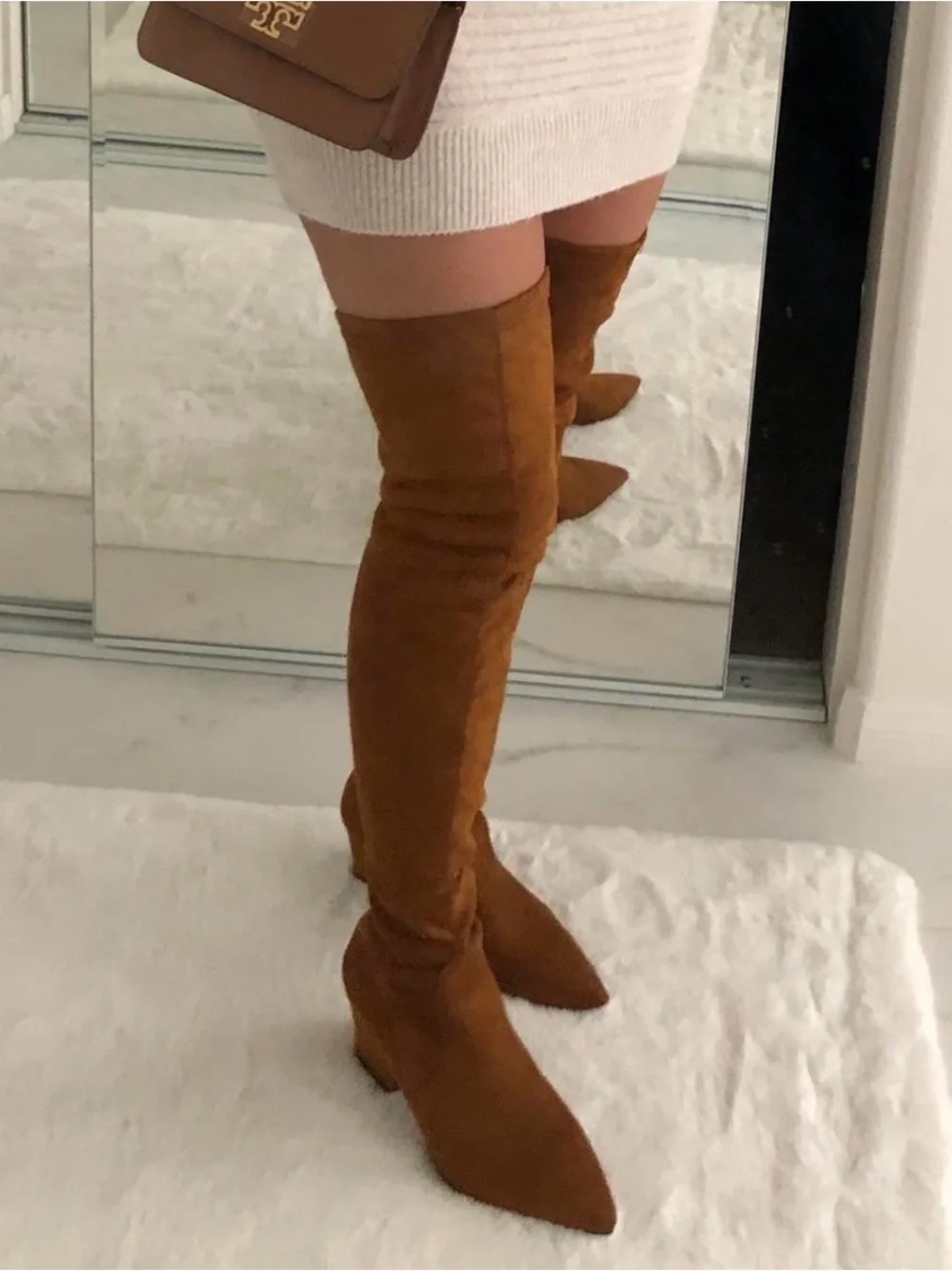 Over-the-Knee Pointed Toe Suede Boots in Cognac, size 8